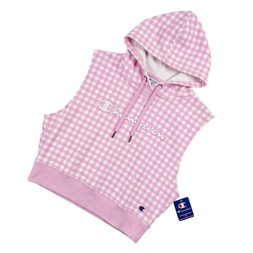 Champion Campus French Terry Hoodie Pink White Gingham Sleeveless Womens Medium
